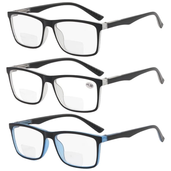 3 Pairs of Black Retro Rectangle Bifocal Reading Glasses 3.00 for men Classic Presbyopic Glasses Spring Hinge Readers +3.00 Strength