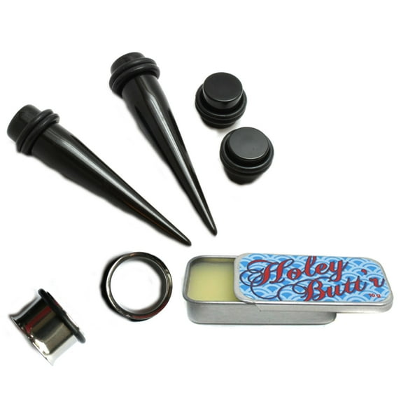 3 Pairs of Black Tapers 316l Steel Tunnels and Black Plugs Plus Holey Butt'r Ear Stretching Kit Gauges Gauging Plugs - size=7/16