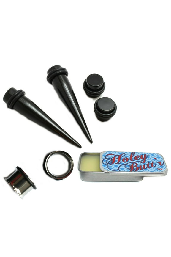 3 Pairs of Black Tapers 316l Steel Tunnels and Black Plugs Plus Holey Butt'r Ear Stretching Kit Gauges Gauging Plugs - size=9/16