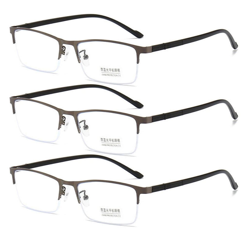 3 Pairs of Blue Light Blocking Flexible Reading Glasses 1.50 for Men, Gunmetal Business Lightweight Retro Half Rim Metal Readers +1.50