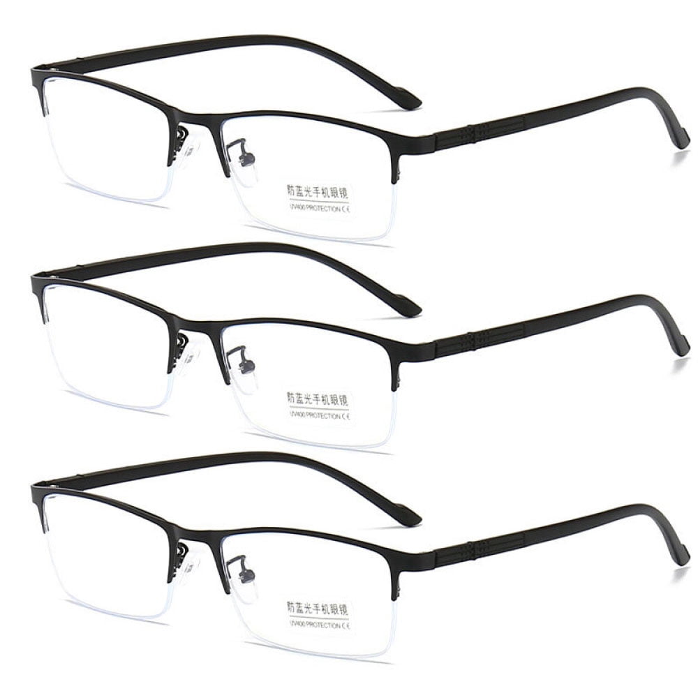 3 Pairs of Blue Light Blocking Flexible Reading Glasses 3.00 for Men, Black Business Lightweight Retro Half Rim Metal Readers +3.00
