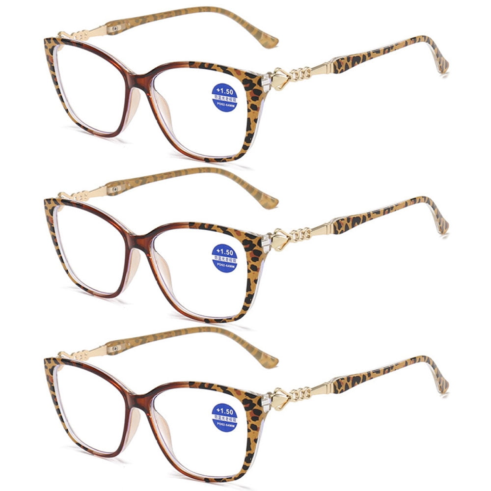 3 Pairs of Brown Leopard Print Square Oversized Reading glasses Blue Light Blocking Metal Presbyopic Glasses Readers for Women +4.00