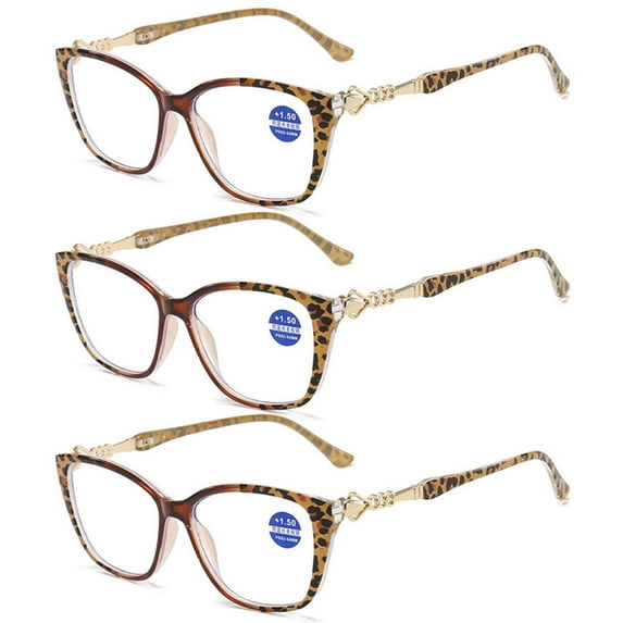 3 Pairs of Brown Leopard Print Square Oversized Reading glasses Blue Light Blocking Metal Presbyopic Glasses Readers for Women +4.00