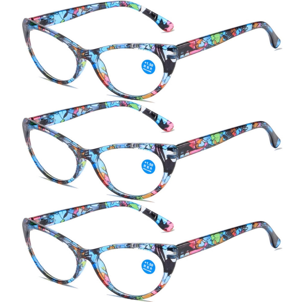 3 Pairs of Cat Eye Blue Floral Print Reading Glasses Blue Light Blocking Ladies Readers Spring Hinge Presbyopia Glasses +3.00 for Women