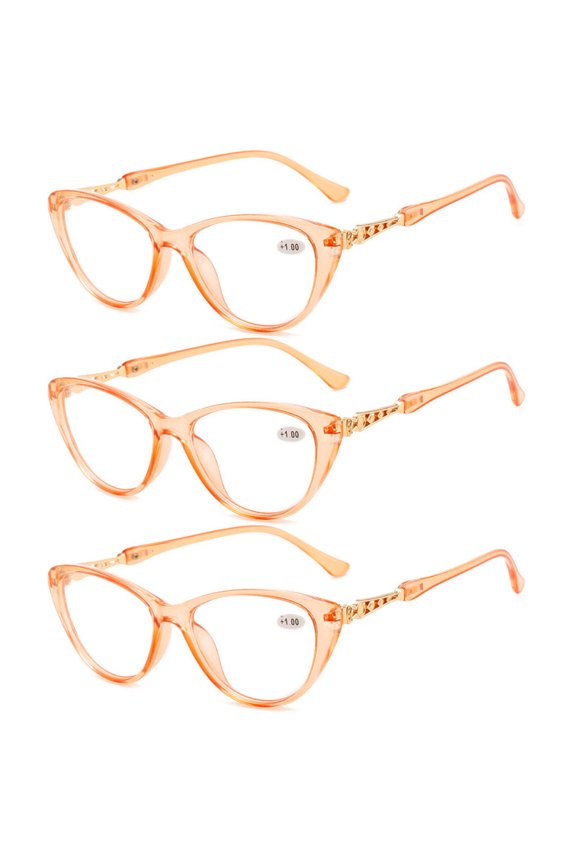 3 Pairs of Cat Eye Reading Glasses for Women Fashion Transparent Orange HD Resin Blue Light Blocking Presbyopia Glasses Readers +3.00