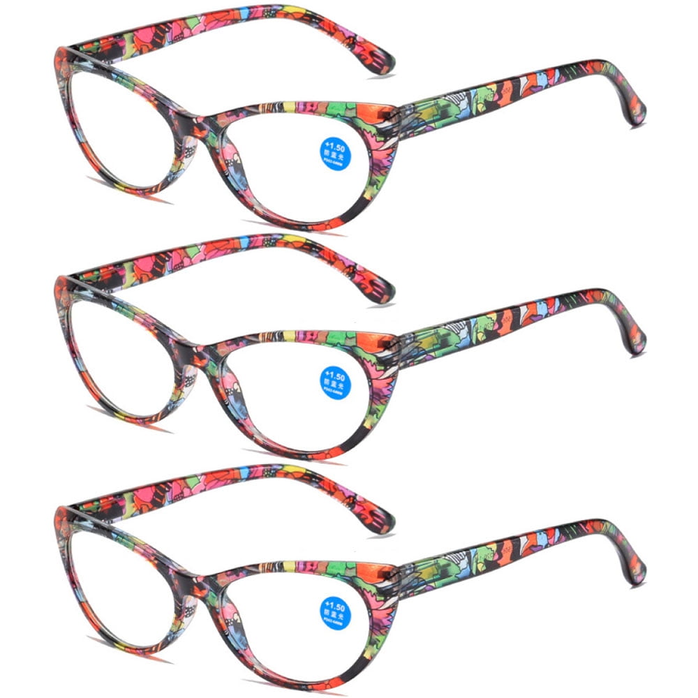 3 Pairs of Cat Eye Red Floral Print Reading Glasses Blue Light Blocking Ladies Readers Spring Hinge Presbyopia Glasses +2.00 for Women