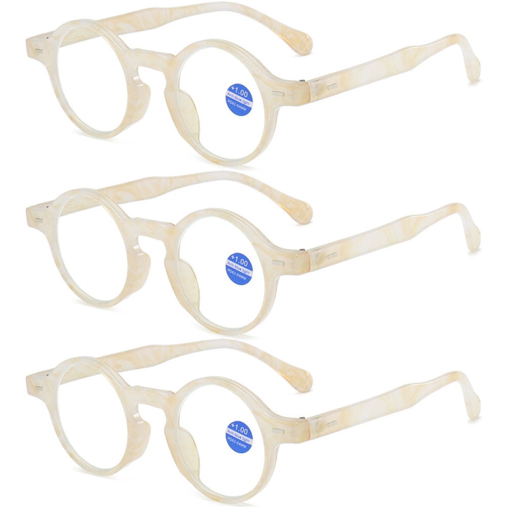 3 Pairs of Classic Beige Round Reading Glasses 1.50 Blue Light Blocking Floral Readers +1.50 Plastic