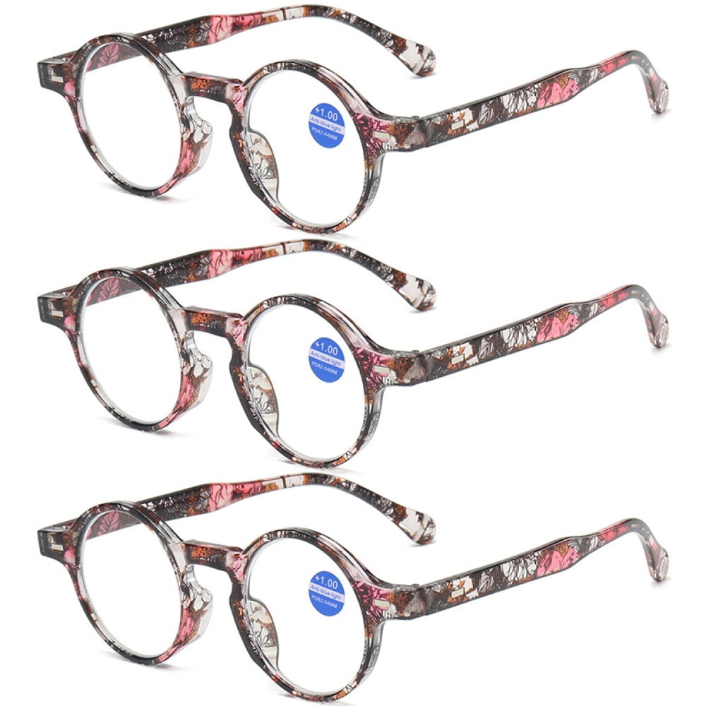 3 Pairs of Classic Floral Round Reading Glasses 2.00 Blue Light Blocking Floral Readers +2.00 Plastic