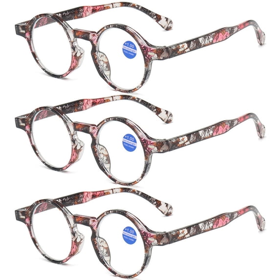 3 Pairs of Classic Floral Round Reading Glasses 2.00 Blue Light Blocking Floral Readers +2.00 Plastic