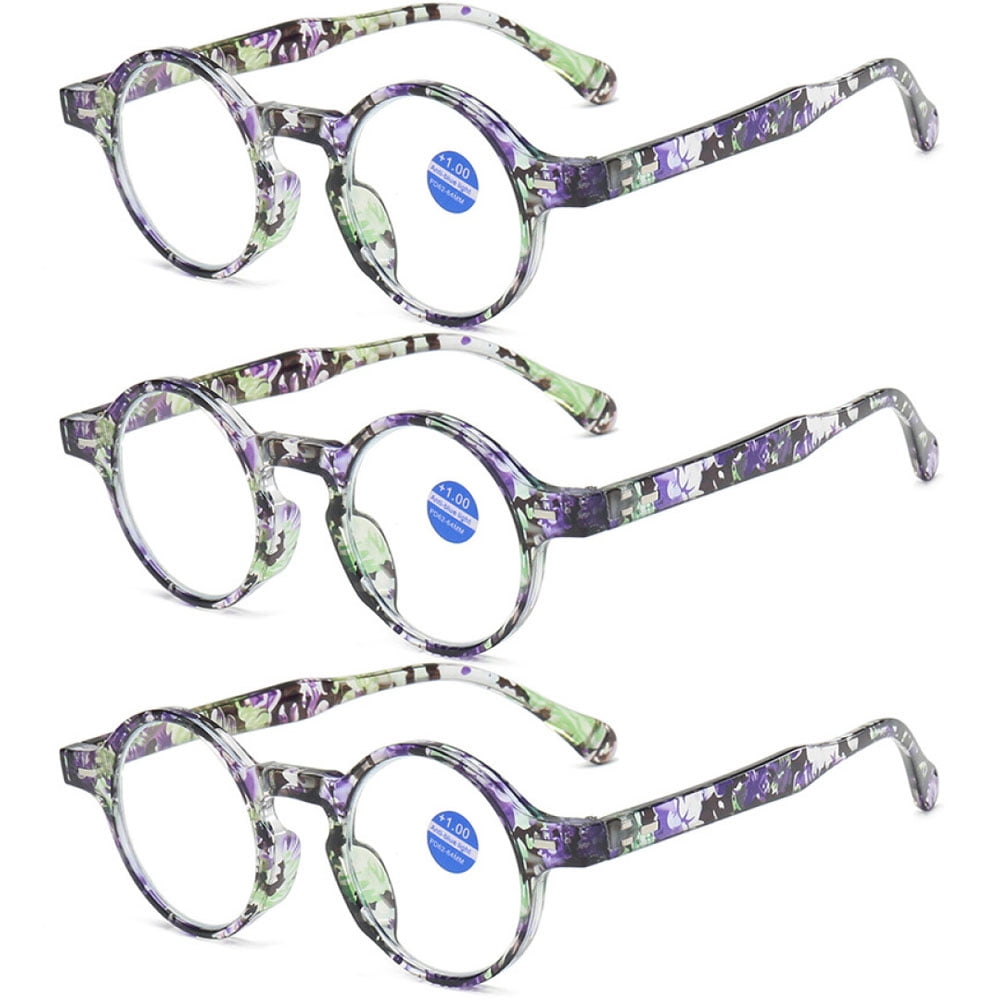 3 Pairs of Classic Purple and Green Round Reading Glasses 1.00 Blue Light Blocking Floral Readers +1.00 Plastic
