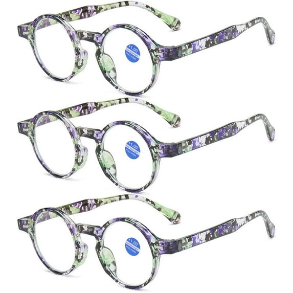 3 Pairs of Classic Purple and Green Round Reading Glasses 3.50 Blue Light Blocking Floral Readers +3.50 Plastic