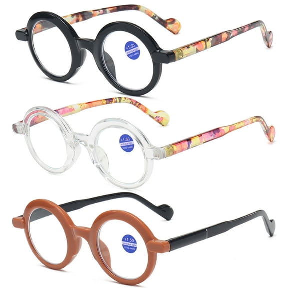 3 Pairs of Classic Round Blue Light Blocking Reading Glasses 3.00 Stylish Trendy Readers +3.00 for Women Men