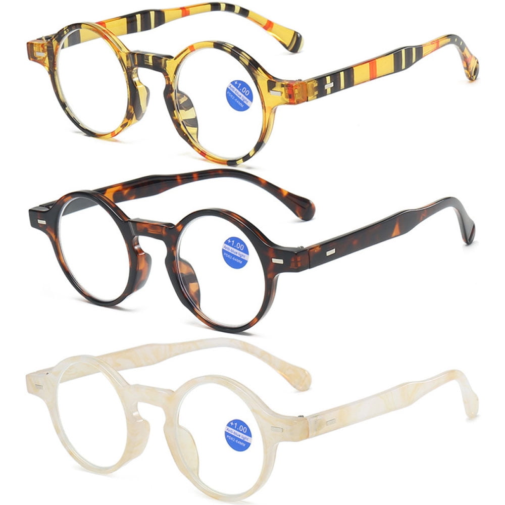 3 Pairs of Classic Round Reading Glasses 1.00 Blue Light Blocking Floral Readers +1.00 Plastic