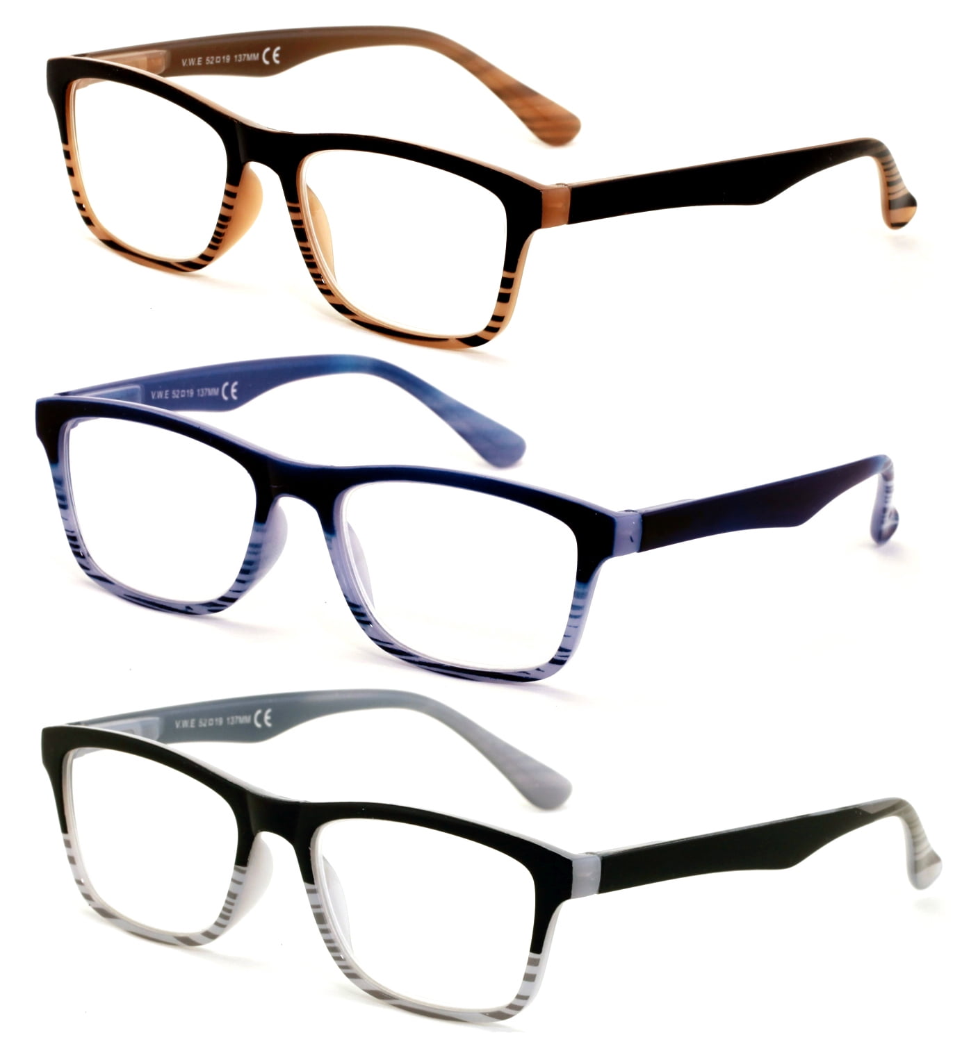 3 Pairs of Comforable Rectangular Reading Glasses - Spring hinge men women clear lens readers +2.50