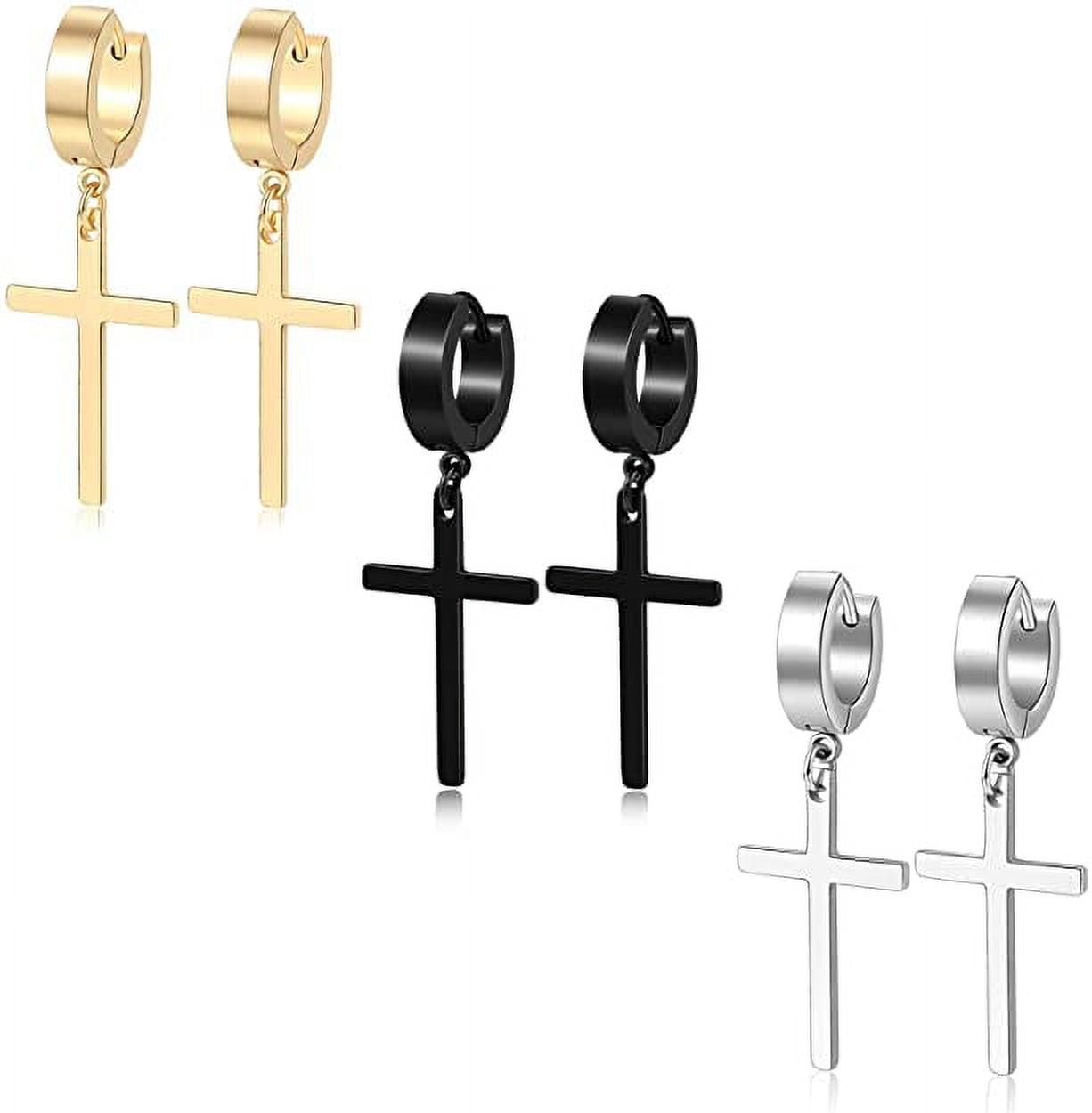 3 Pairs of Cross Earrings Dangle Hinged Men Earrings Stainless Steel Cross  hoop Earrings for Men and Women,Silver+Gold+Black