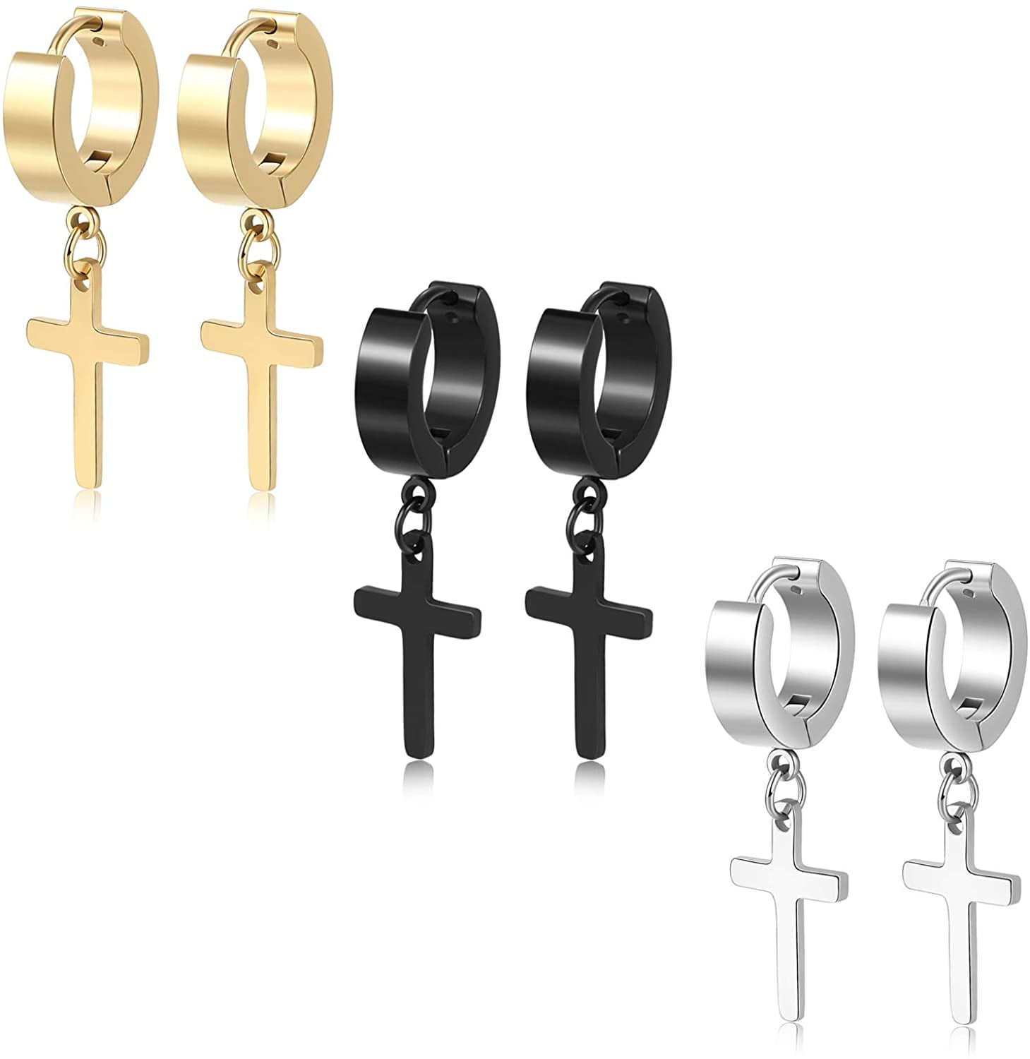  Lock Key and Long Chain Earrings Set for Women Men, Rofusn  Stainless Steel Dangle Hoop Earrings Hinged Piercing Hoops (3Pairs):  Clothing, Shoes & Jewelry