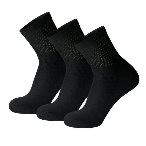 3 Pairs of Diabetic Cotton Quarter Socks with Non Binding Top (Black, Sock Size 10-13)