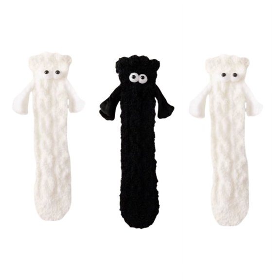 3 Pairs of Girls Autumn and Winter Funny Magnetic Socks 3D Doll Magnetic Coral Fleece Socks Hand Holding Socks, Room Socks No. 4-8