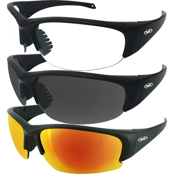 3 Pairs of Global Vision Eyewear Eyedol Motorcycle Safety Sunglasses Black Frames Clear Smoke + G Tech Red Mirror Lenses