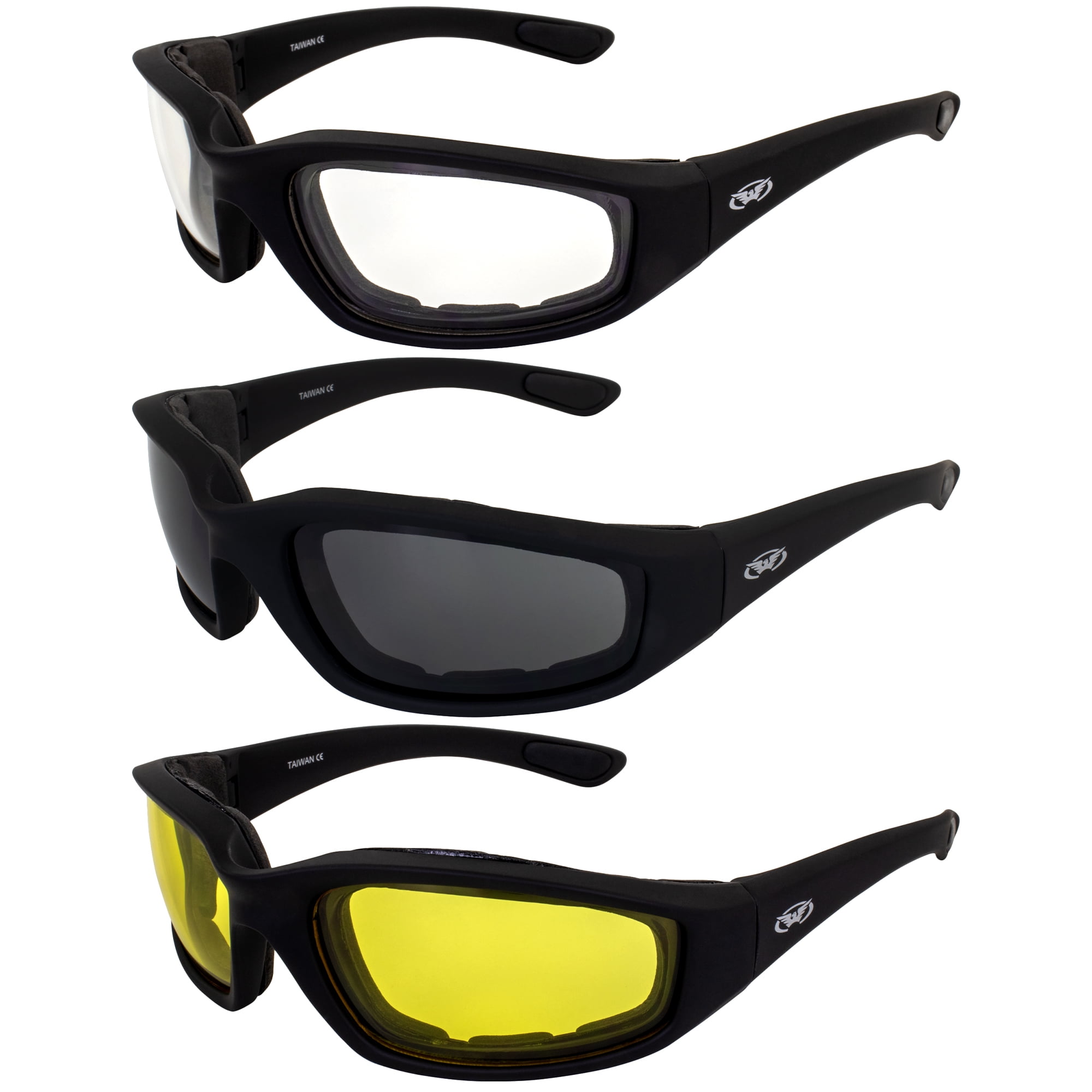 3 Pairs Of Global Vision Kickback Black Foam Padded Motorcycle Riding Sunglasses 1 Clear Lens 1