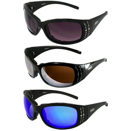 Global Vision 3 Pairs of Marilyn-2 Plus Women's Padded Motorcycle Sunglasses Bling Black with Smoke Driving Mirror & Blue Lenses