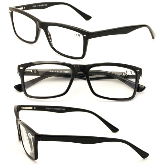 3 Pairs of Gloss Black Rectangular Modern Reading Glasses with Spring Hinges - Classy Clear Lens Reader +2.00