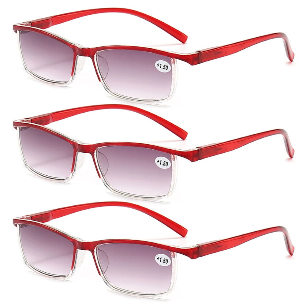 3 Pairs of Gradient Gray Reading Glasses 1.50 TR90 Fashion Red Presbyopic Sunglasses for Women and Men, Spring Hinge Rectangle Readers +1.50