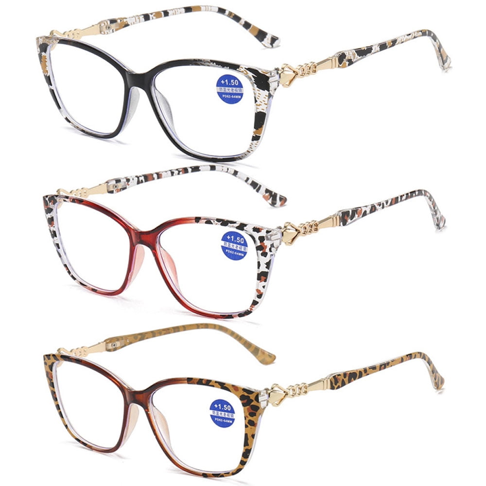 3 Pairs of Leopard Print Square Oversized Reading glasses Blue Light Blocking Metal Presbyopic Glasses Readers for Women +4.00