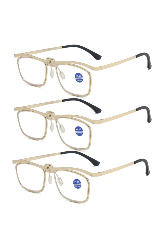 3 Pairs of Men Gold Business Anti-blue Light Reading Gasses 1.00 Folding Flip-up Square Metal Readers +1.00