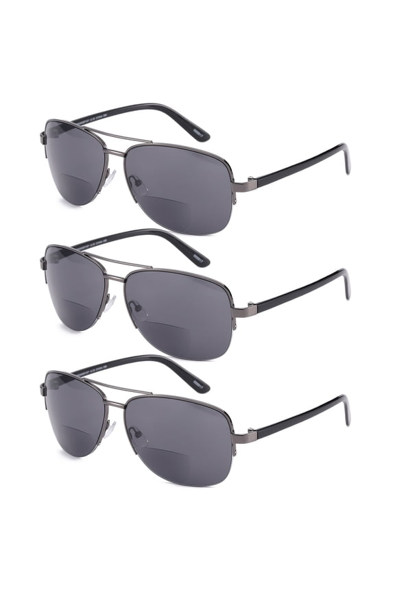 3 Pairs of Men Half Rimless Bifocal Reading Glasses 1.00 Classic Gunmetal Metal Readers Tinted Gray Sunglasses 1.00 Strength