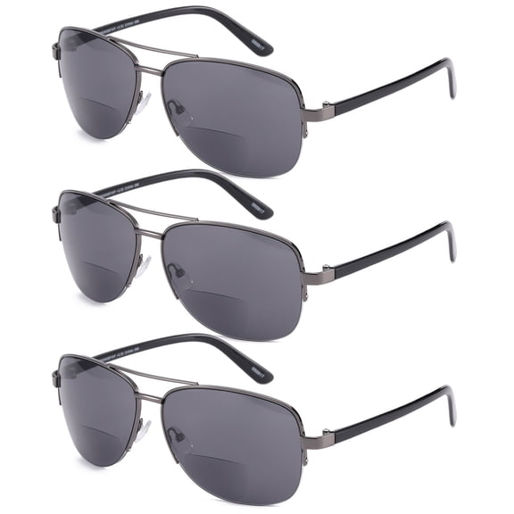 3 Pairs of Men Half Rimless Bifocal Reading Glasses 1.50 Classic Gunmetal Metal Readers Tinted Gray Sunglasses 1.50 Strength
