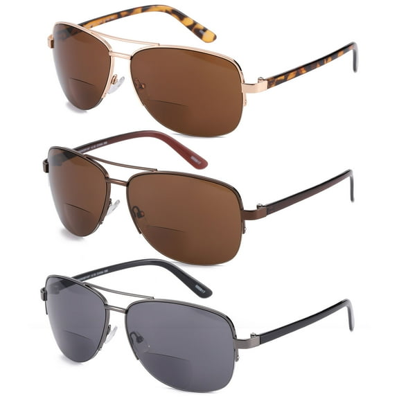 3 Pairs of Men Half Rimless Bifocal Reading Glasses 1.50 Classic Metal Readers Tinted Sunglasses 1.50 Strength