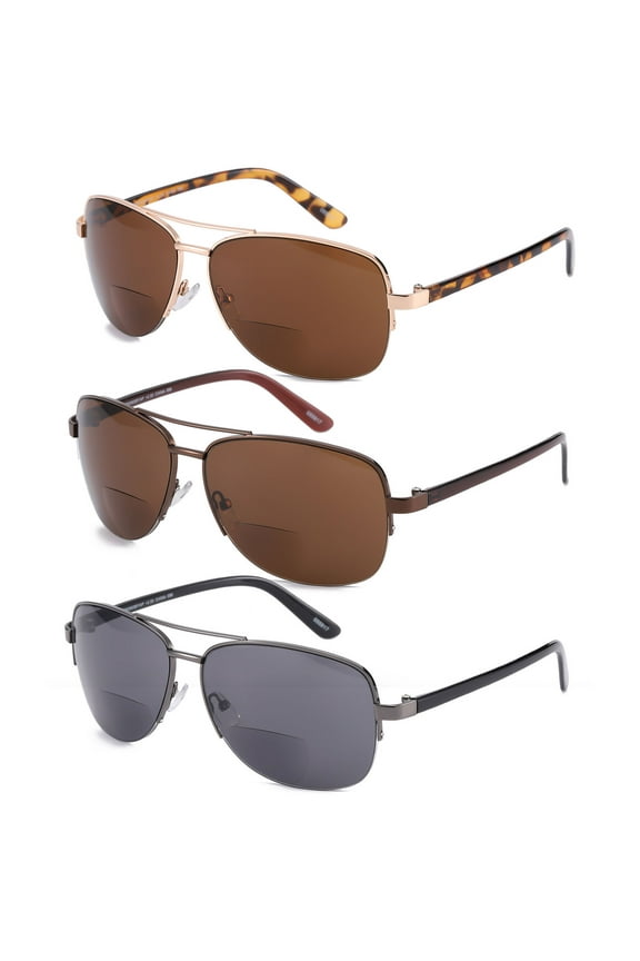 3 Pairs of Men Half Rimless Bifocal Reading Glasses 2.00 Classic Metal Readers Tinted Sunglasses 2.00 Strength