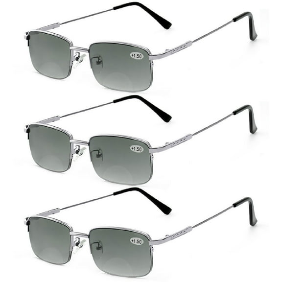 3 Pairs of Men Memory Titanium Alloy Bifocal Reading Glasses 1.00 Tinted Gray Sunglasses Half Rimless Flexible Readers +1.00 Strength