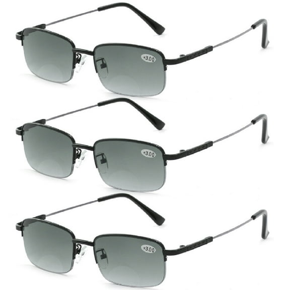3 Pairs of Men Silver Memory Titanium Alloy Bifocal Reading Glasses 1.00 Tinted Gray Sunglasses Half Rimless Flexible Readers +1.00 Strength