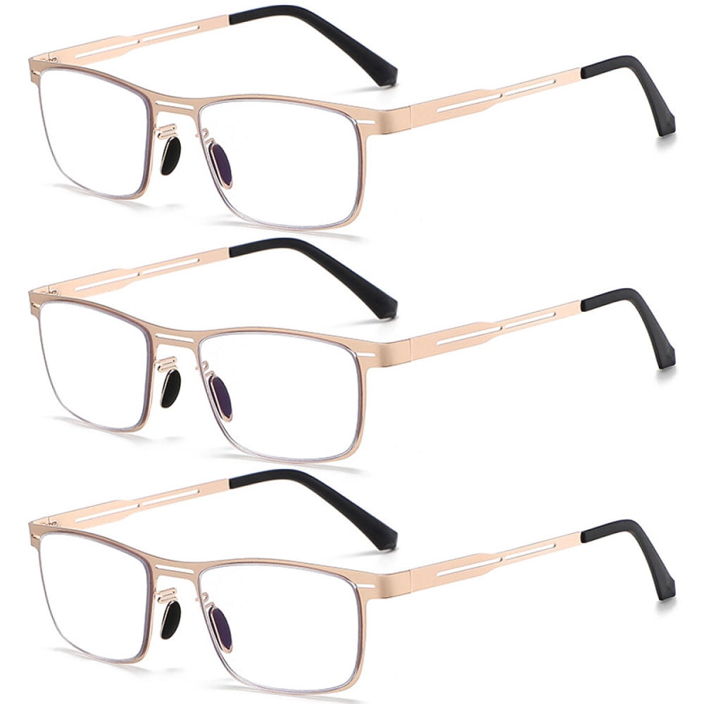 3 Pairs of Men's Anti-blue Light Rectangle Gold Reading Glasses 1.50 Presbyopic Glasses Metal Trendy Business Readers +1.50