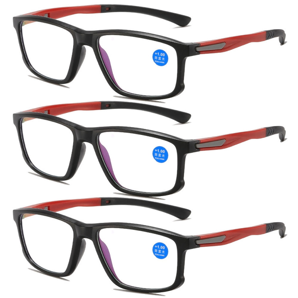 3 Pairs of Men's Blue Light Blocking Sports Red Reading Glasses 4.00 Ultra-light Two-tone Presbyopic Glasses Square Readers +4.00