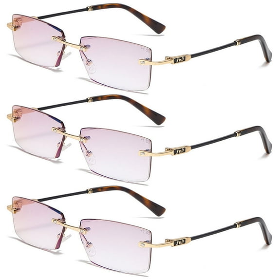 3 Pairs of Men's Gradient Brown Rimless Reading Glasses 1.00 Anti Blue Light Business Sunglasses Classic Presbyopic Glasses Rectangle Readers +1.00