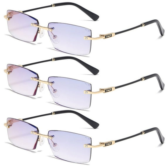 3 Pairs of Men's Gradient Gray Rimless Reading Glasses 1.00 Anti Blue Light Business Sunglasses Classic Presbyopic Glasses Rectangle Readers +1.00
