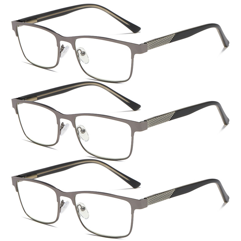 3 Pairs of Mens Blue Light Blocking Classic Gunmetal Reading Glasses 3.5 Rectangle Metal Gray Rimmed Spring Hinges Readers +3.5