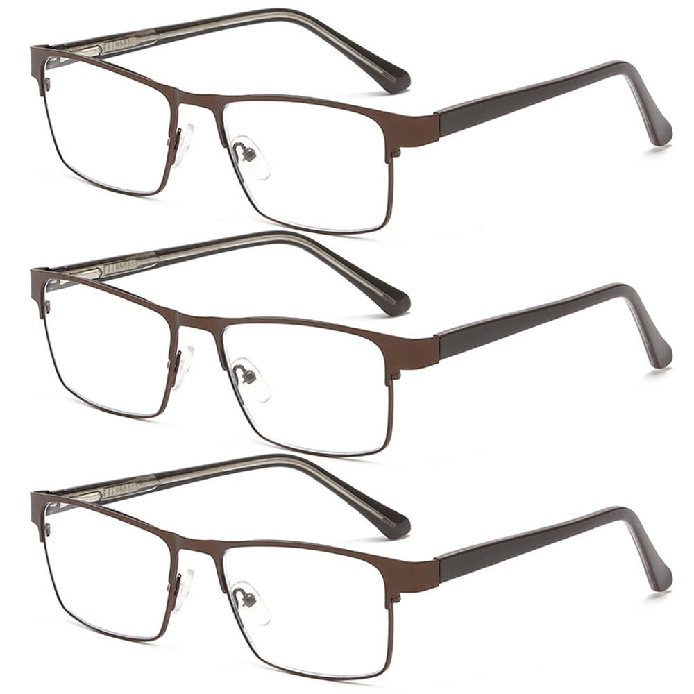 3 Pairs of Mens Blue Light Blocking Classic Reading Glasses 1.5 Rectangle Metal Brown Rimmed Spring Hinges Readers +1.5