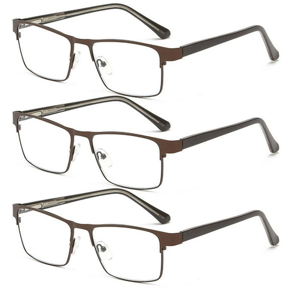 3 Pairs of Mens Blue Light Blocking Classic Reading Glasses 1.5 Rectangle Metal Brown Rimmed Spring Hinges Readers +1.5