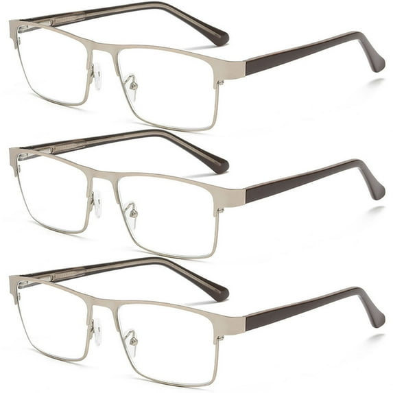 3 Pairs of Mens Blue Light Blocking Classic Reading Glasses 2.5 Rectangle Metal Silver Rimmed Spring Hinges Readers +2.5