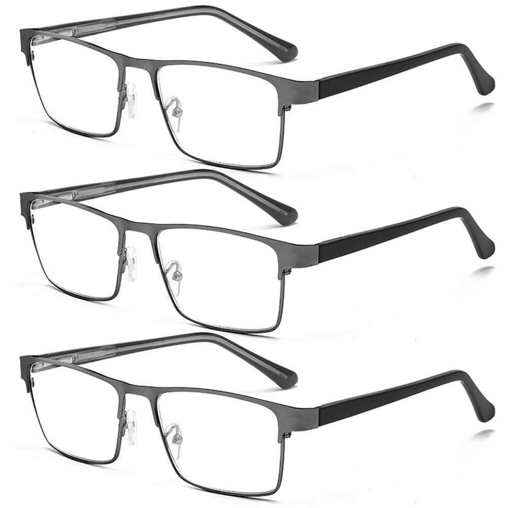 3 Pairs of Mens Blue Light Blocking Classic Reading Glasses 3.0 Rectangle Metal Gunmetal Rimmed Spring Hinges Readers +3.0