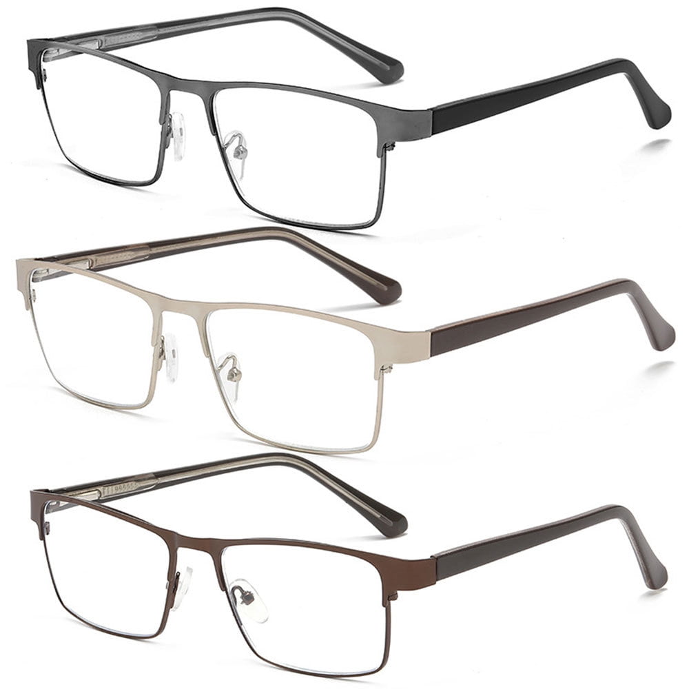 3 Pairs of Mens Blue Light Blocking Classic Reading Glasses 3.0 Rectangle Metal Rimmed Spring Hinges Readers +3.0