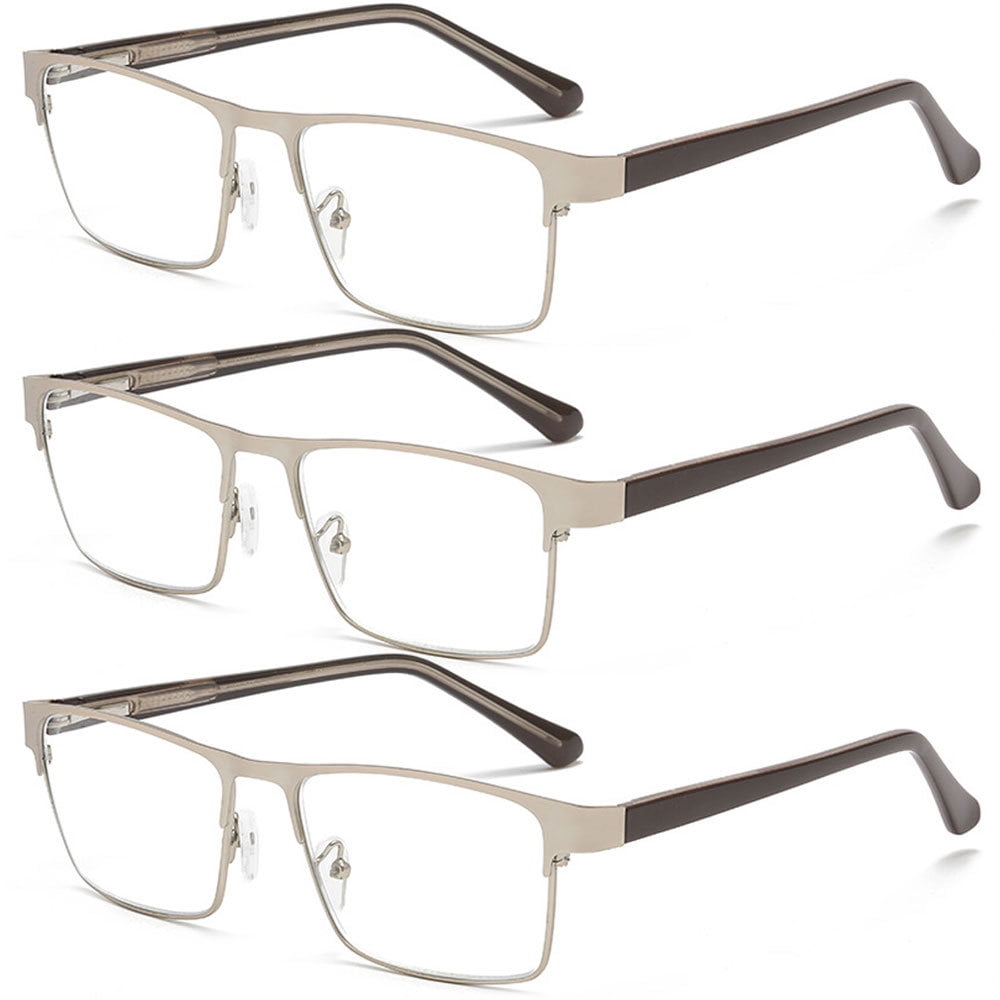 3 Pairs of Mens Blue Light Blocking Classic Reading Glasses 3.5 Rectangle Metal Silver Rimmed Spring Hinges Readers +3.5
