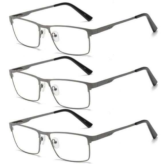 3 Pairs of Mens Classic HD Rectangle Reading Glasses +1.5, Metal Gunmetal Spring Hinges Classic Readers 1.5