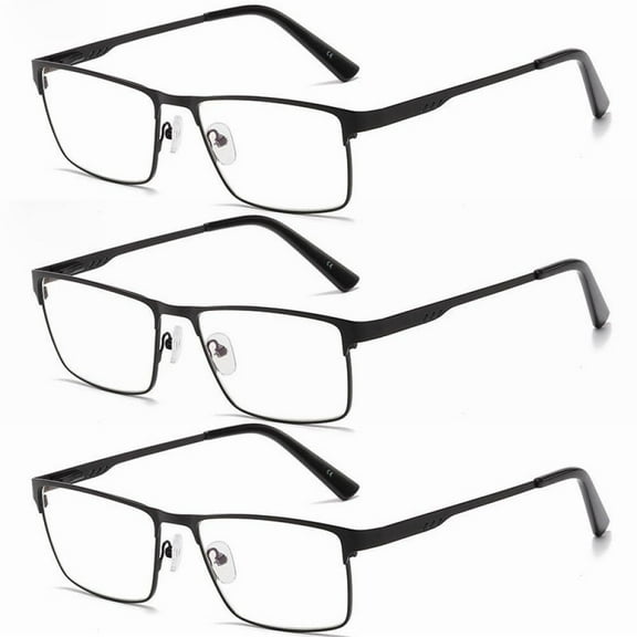 3 Pairs of Mens Classic HD Rectangle Reading Glasses +3.0, Metal Black Spring Hinges Classic Readers 3.0