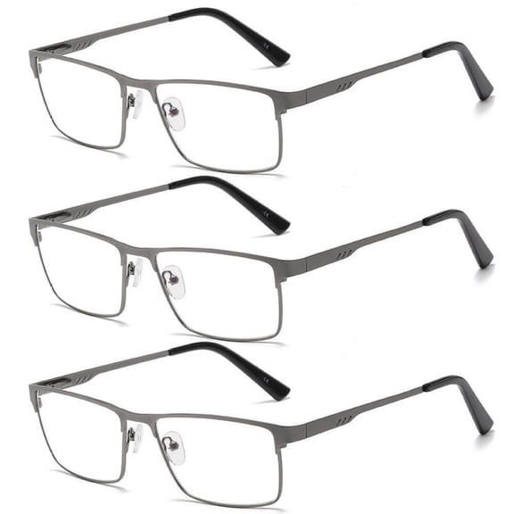 3 Pairs of Mens Classic HD Rectangle Reading Glasses +6.0, Metal Gunmetal Spring Hinges Classic Readers 6.0