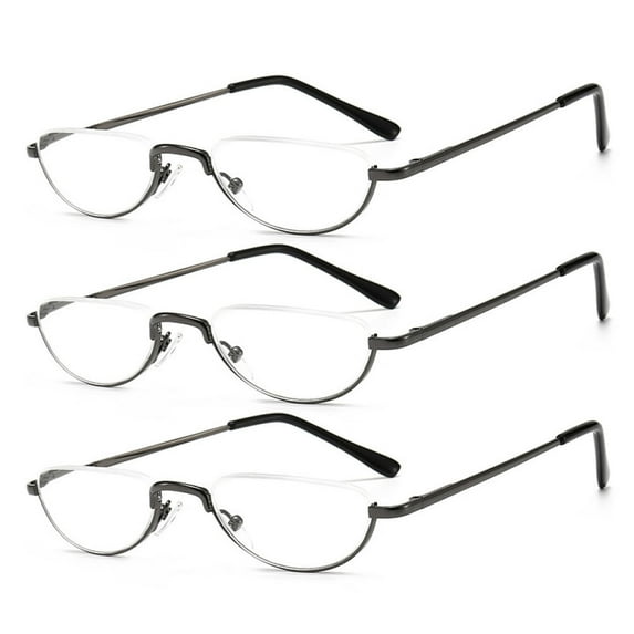 3 Pairs of Mens Half Moon Spring Hinge Gunmetal Reading Glasses 4.00 Womens Fashion Half Round Classic Metal Readers +4.00